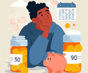 A person considers the cost and benefits of a 30-day prescription versus a 90-day prescription.