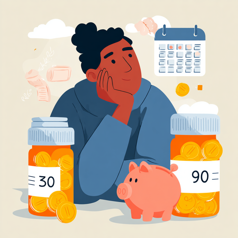 A person considers the cost and benefits of a 30-day prescription versus a 90-day prescription.