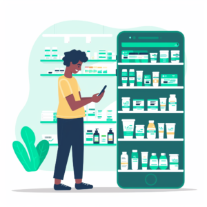 a man standing in front of a large shelf of medicine