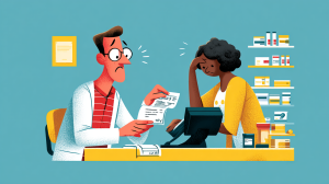 Patient looking concerned at a pharmacy counter while reviewing the high upfront cost of a 90-day prescription.