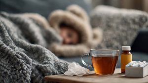 A person resting comfortably on a couch with a blanket, tea, and tissues, demonstrating at-home care for a viral infection.