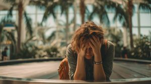 A worried traveler stands at an empty airport baggage claim, representing the stress of losing luggage containing essential medications while on vacation.