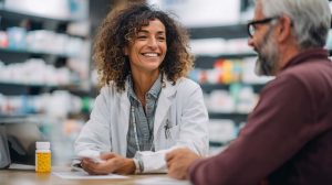 A patient speaks with a trusted community pharmacist about a new prescription, highlighting the pharmacist's role in post-ER discharge care as advised in the article.