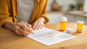 A patient sits at a table at home, carefully reviewing their ER discharge instructions with a pen, demonstrating the first key step to a safe recovery.