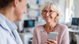 A patient shares their personal medication record on a smartphone with their doctor during a consultation in a bright medical office, highlighting the importance of communication with healthcare providers.