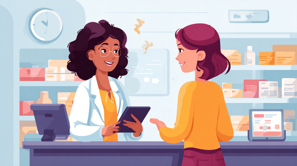 A patient discusses prescription costs and savings options with their pharmacist at the counter.