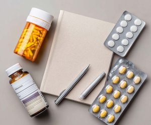 A top-down view of various medicines, including prescription pills, over-the-counter tablets, vitamins, and a cream, arranged next to a blank notebook, ready to be cataloged into a personal medication record.
