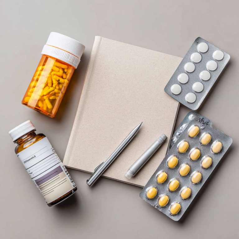 A top-down view of various medicines, including prescription pills, over-the-counter tablets, vitamins, and a cream, arranged next to a blank notebook, ready to be cataloged into a personal medication record.
