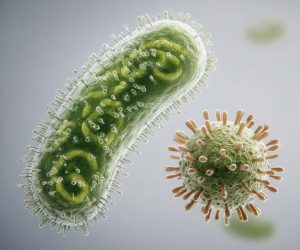 A clear medical illustration comparing the structure of a virus and a bacterium side-by-side to explain their fundamental differences.