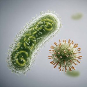 A clear medical illustration comparing the structure of a virus and a bacterium side-by-side to explain their fundamental differences.