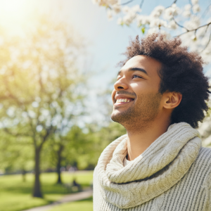 a man smiling in a park