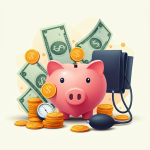 a pink piggy bank with coins and a blood pressure cuff