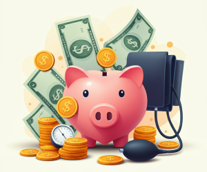 a pink piggy bank with coins and a blood pressure cuff