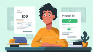 A savvy patient confidently comparing their Explanation of Benefits statement to their medical bill to check for errors and accuracy.