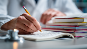 a person writing on a book