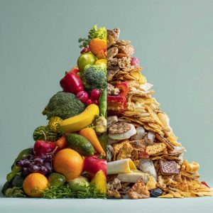 A vibrant pyramid of colorful, fresh whole foods stands tall next to a crumbling pile of dull, processed snacks, illustrating the importance of nutrition in treating obesity.
