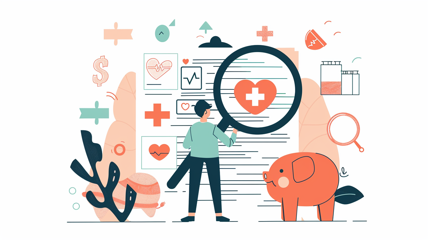 A person uses a magnifying glass to understand their Explanation of Benefits (EOB), turning confusing text into clear symbols of health and savings.