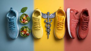A harmonious arrangement of running shoes, a healthy meal, and a medical caduceus symbol, representing the integrated lifestyle and medical approach to managing obesity.