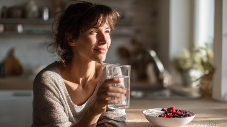 A woman looking calm and healthy in her sunlit kitchen, drinking a glass of water as a first step to find relief from medication-induced constipation.